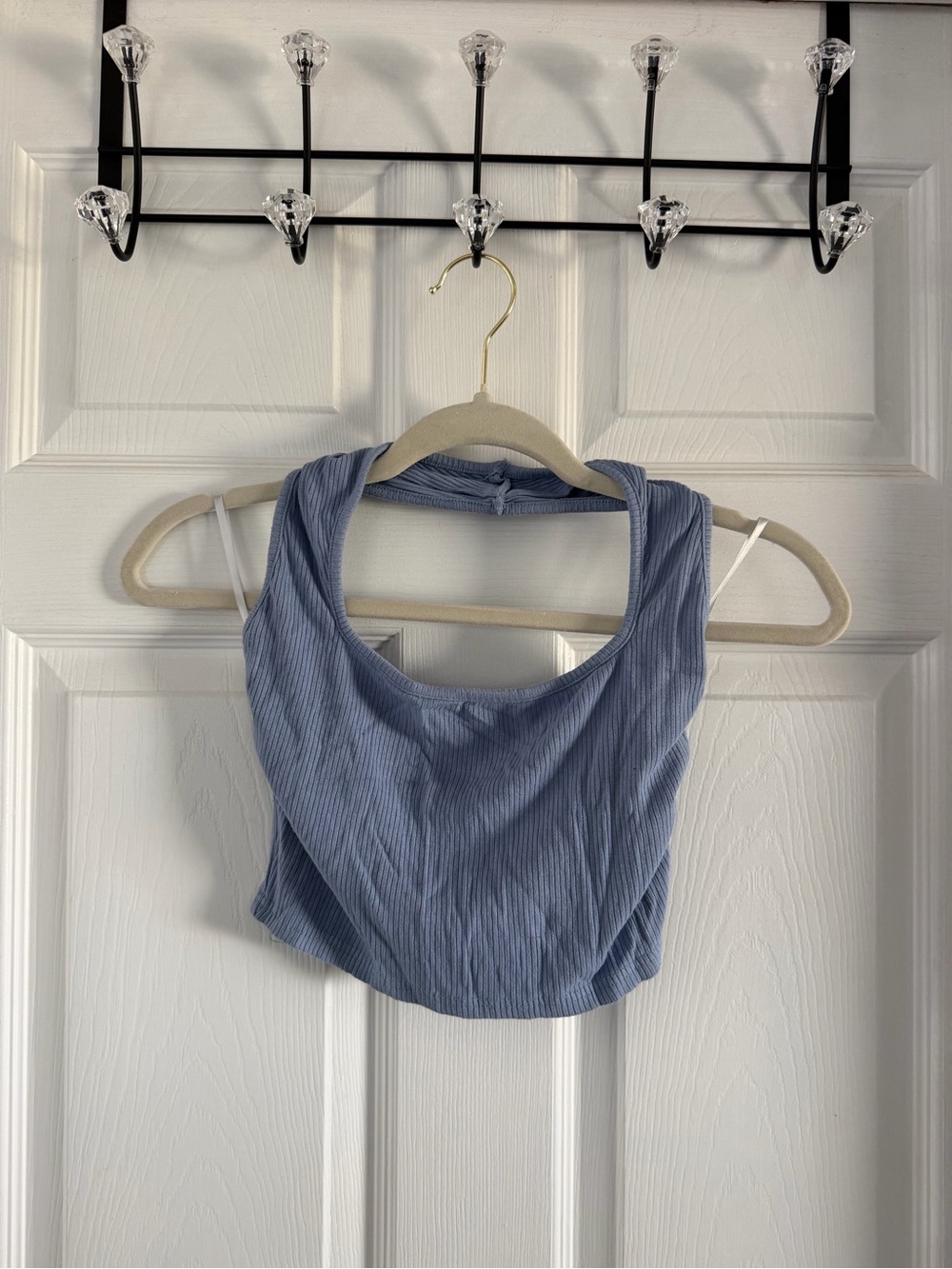 Blue Ribbed halter Neck Crop Tank Top - Women